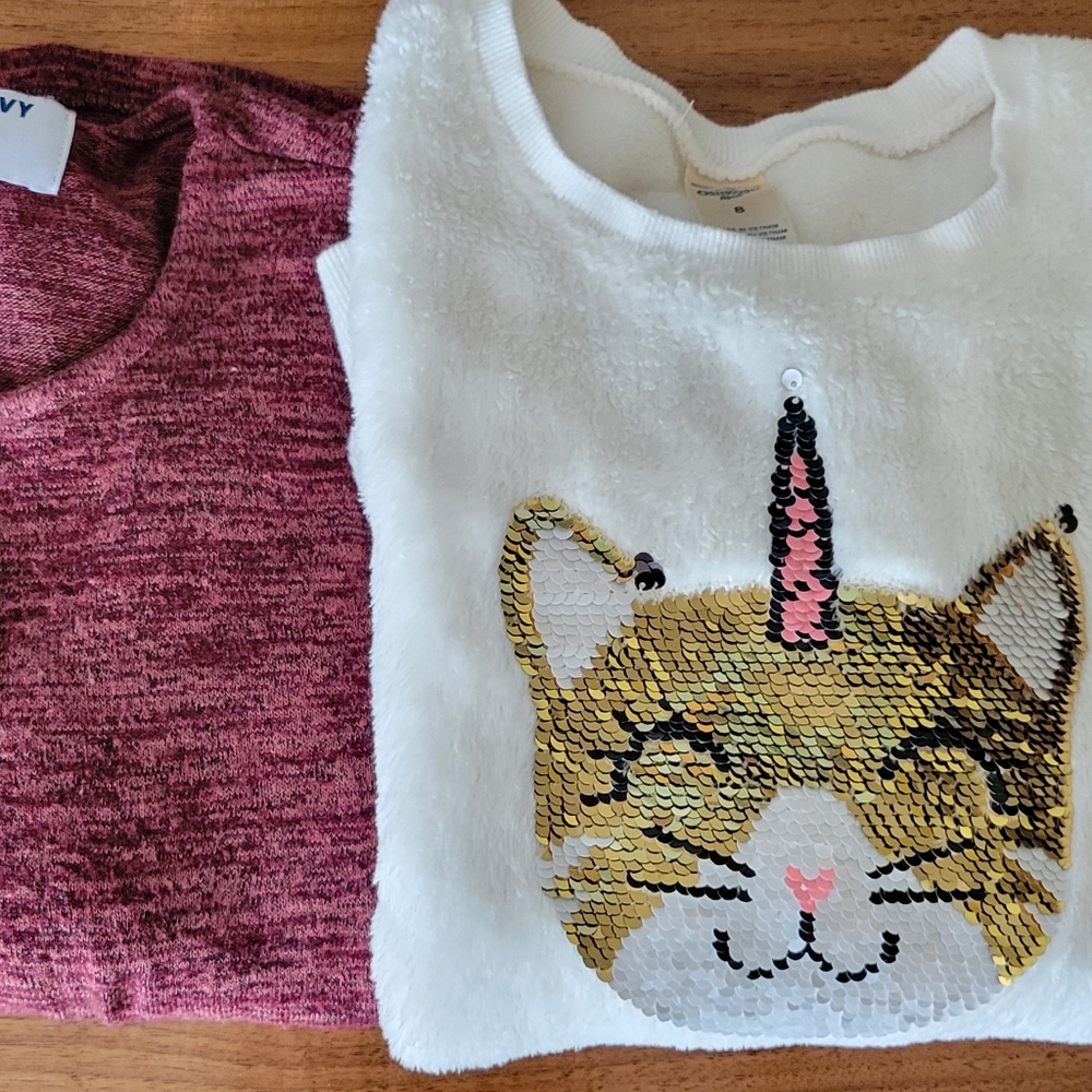 Old Navy Sweater And Oshkosh White Cat Unicorn Sequin Sweater